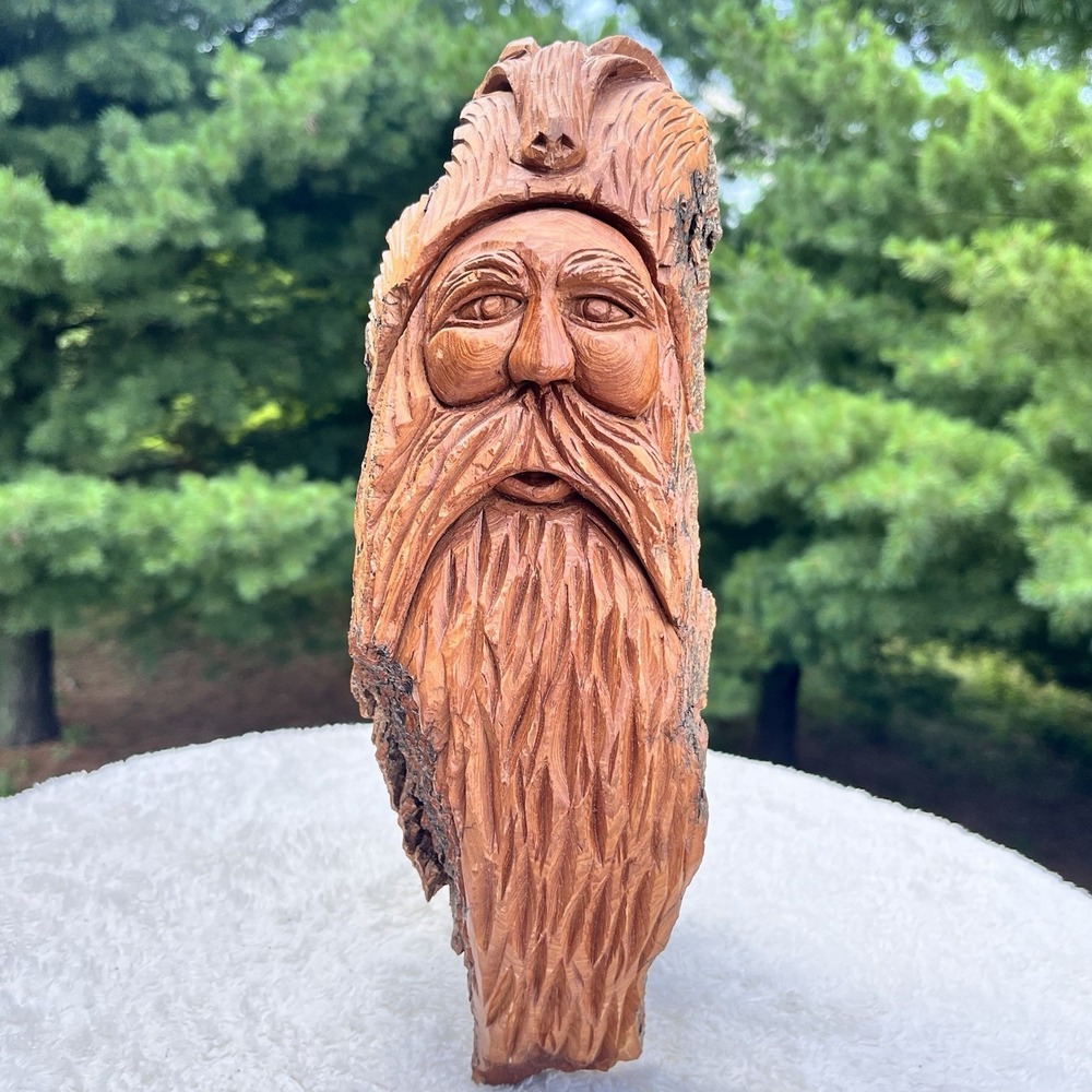 Wood Spirit Carving Old Man of the Woods Beard Sculpture Folk Art Forest Signed